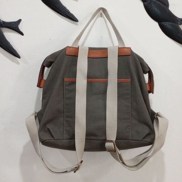 G.I.L.I. Leather Trim Canvas Backpack Olive Stripe Zip Top Adjustable Straps main image 15